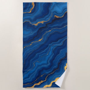 Modern Royal Blue Gold Marble Collection Beach Towel