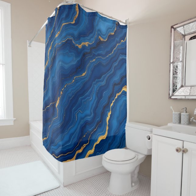 Modern Royal Blue Gold Marble Collection Shower Curtain (In Situ)