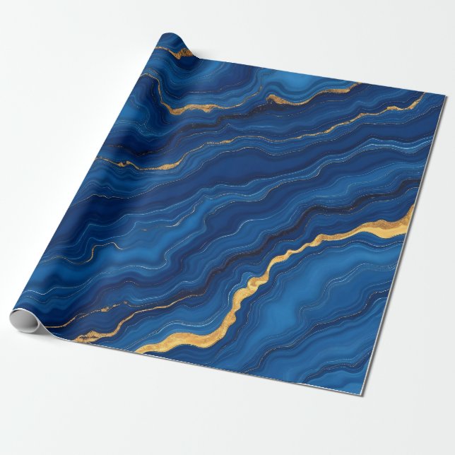 Modern Royal Blue Gold Marble Collection Wrapping Paper (Unrolled)