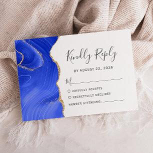 Modern Royal Blue Gold Watercolor Agate Wedding RSVP Card