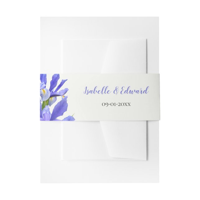 Modern Royal Blue Irises Floral Bouquet Wedding Invitation Belly Band (Front Example)