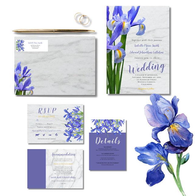 Modern Royal Blue Irises Floral White Dots Wedding Invitation (Creator Uploaded)