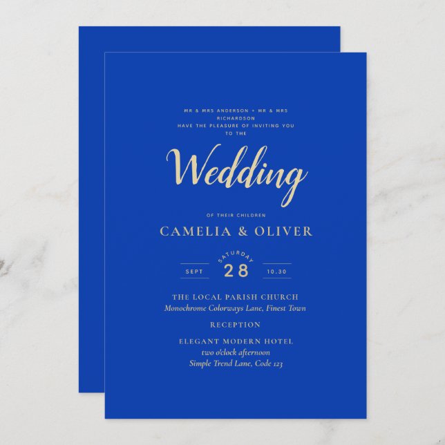 Modern Royal Blue Monochrome Wedding  Invitation (Front/Back)