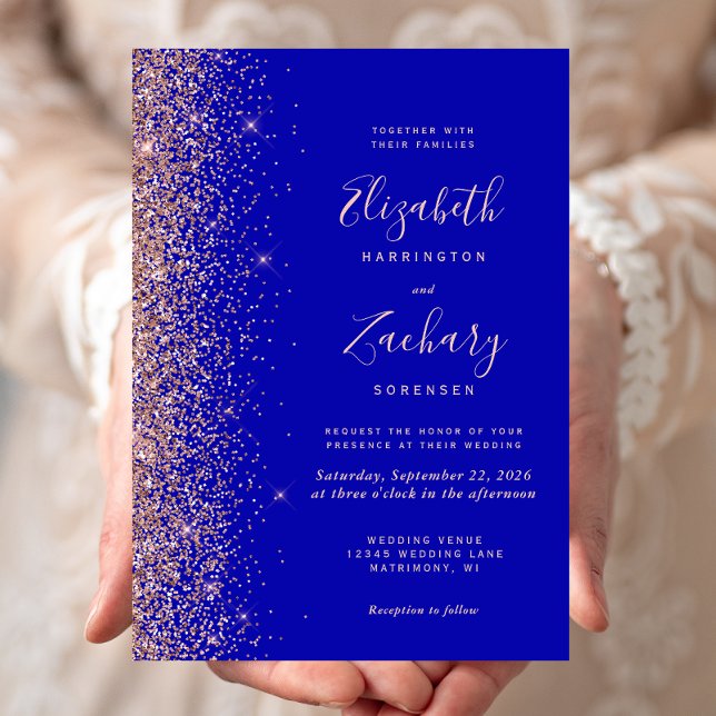 Modern Royal Blue Rose Gold Glitter Edge Wedding Invitation (Creator Uploaded)