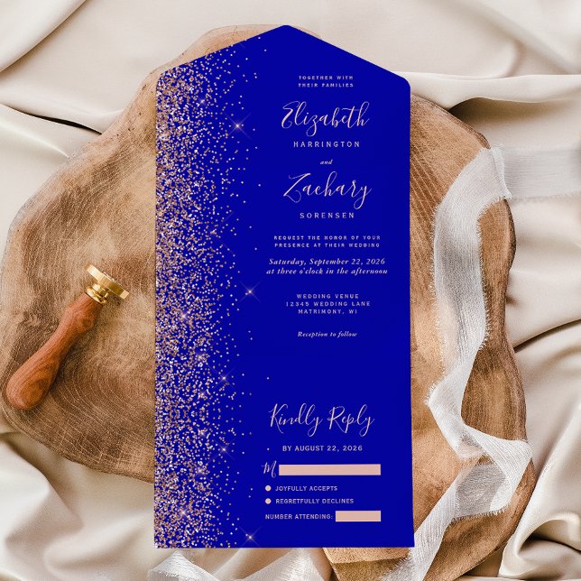 Modern Royal Blue Rose Gold Glitter Wedding All In One Invitation (Creator Uploaded)