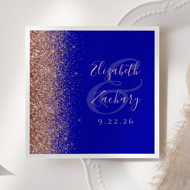 Modern Royal Blue Rose Gold Glitter Wedding Napkin (Creator Uploaded)