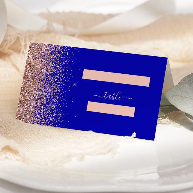 Modern Royal Blue Rose Gold Glitter Wedding Place Card (Creator Uploaded)