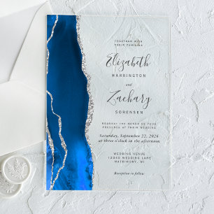 Modern Royal Blue Silver Agate Wedding Acrylic Invitations