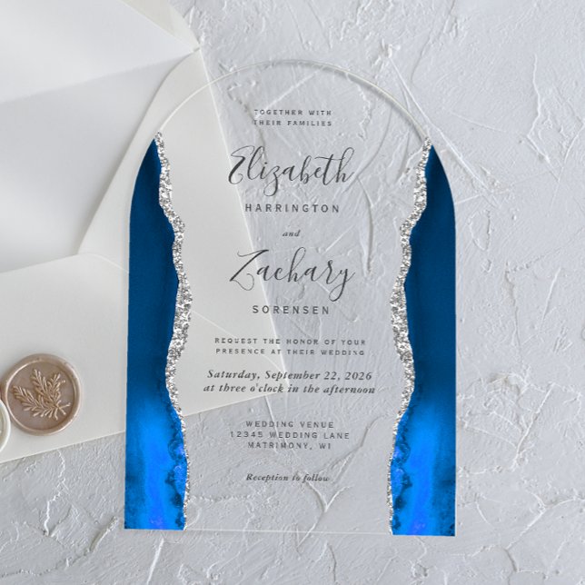 Modern Royal Blue Silver Agate Wedding Arch Acrylic Invitations (Creator Uploaded)