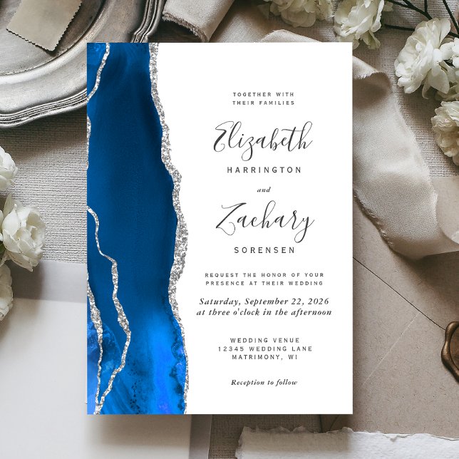 Modern Royal Blue Silver Agate Wedding Invitation (Creator Uploaded)
