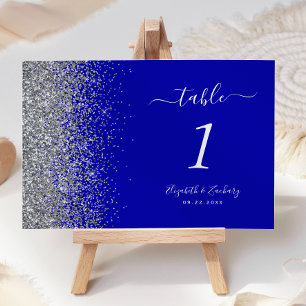 Modern Royal Blue Silver Glitter Edge Wedding Table Number
