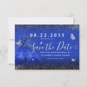 Modern Royal Blue Silver Glitter Gown Quinceanera Save The Date