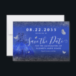 Modern Royal Blue Silver Glitter Gown Quinceanera Save The Date<br><div class="desc">Modern Royal Blue Navy Blue Silver Grey Princess Gown Dress Glitter Sparkle Butterfly 15th Birthday Quinceanera Save the Date Invitation</div>