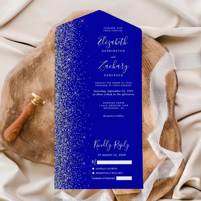 Modern Royal Blue Silver Glitter Wedding All In One Invitation (Creator Uploaded)