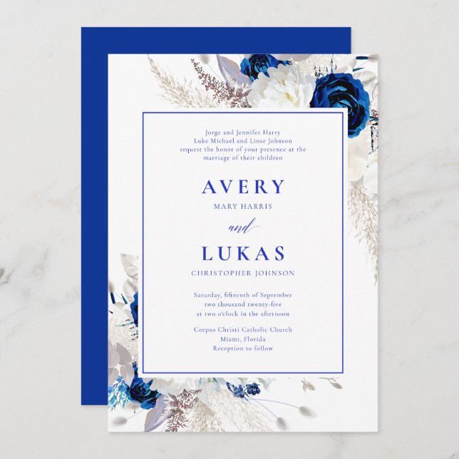 Modern Royal Blue & White Flowers Wedding Invitation (Front/Back)