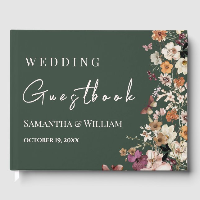 Modern Royal Green Pastel Wildflower Boho Wedding Guest Book (Front)
