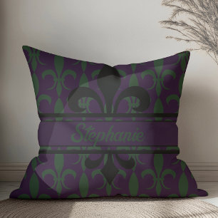 Modern Royal Purple Fleur-de-lis pattern Monogram Cushion