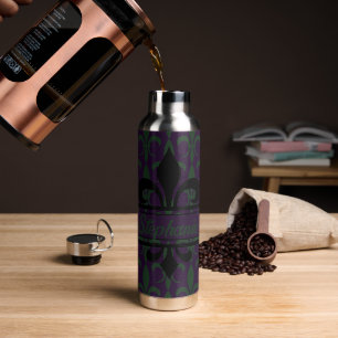Modern Royal Purple Fleur-de-lis pattern Monogram Water Bottle