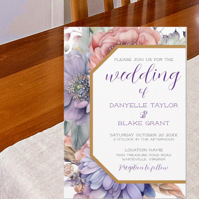 Modern Royal Purple Floral Geometric Boho Wedding Invitation (Creator Uploaded)