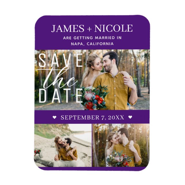 Modern Royal Purple Save the Date Wedding 3 Photos Magnet (Vertical)