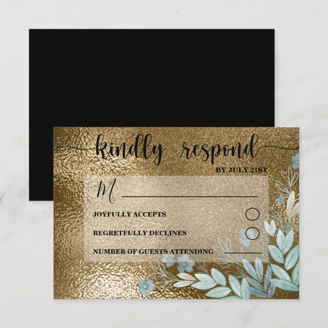 Modern RSVP Black & Gold Foliage Wedding Card (Front/Back)