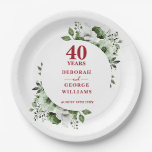 Modern Ruby 40th Wedding Anniversary Greenery  Paper Plate