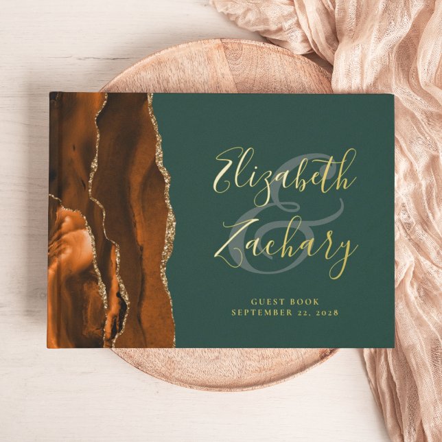 Modern Rust Agate Gold Script Green Guest Book (Creator Uploaded)