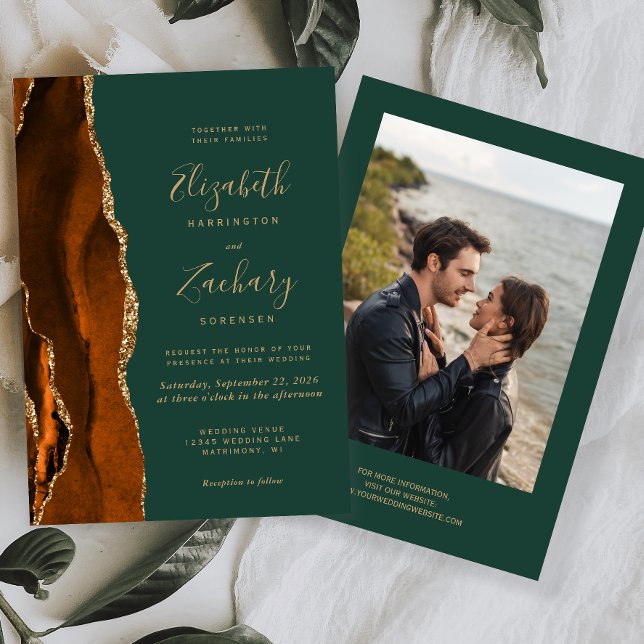 Modern Rust Dark Green Gold Agate Photo Wedding Invitation (Creator Uploaded)