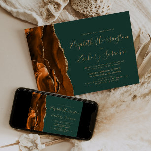 Modern Rust Gold Agate Dark Emerald Green Wedding Invitation