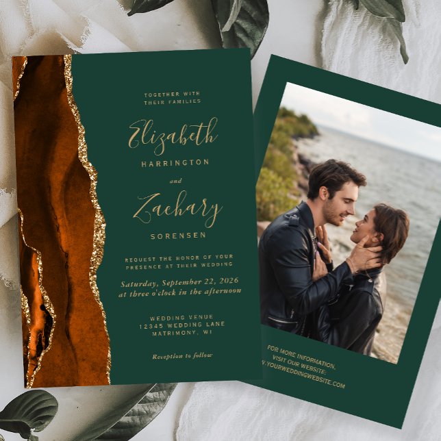 Modern Rust Gold Agate Photo Green Wedding Invitation (Creator Uploaded)