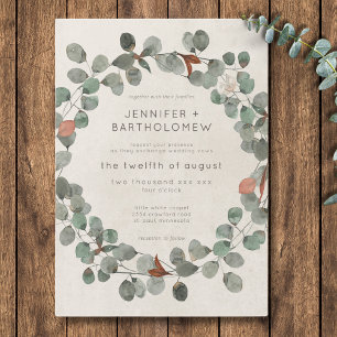Modern Rust Green Eucalyptus Wreath Wedding Invitation