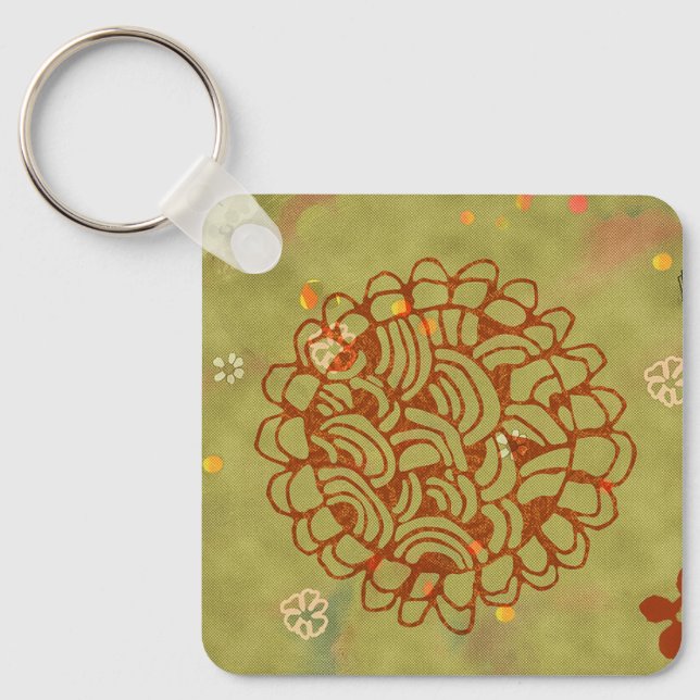 Modern Rust Green Sun Blossom Key Ring (Front)
