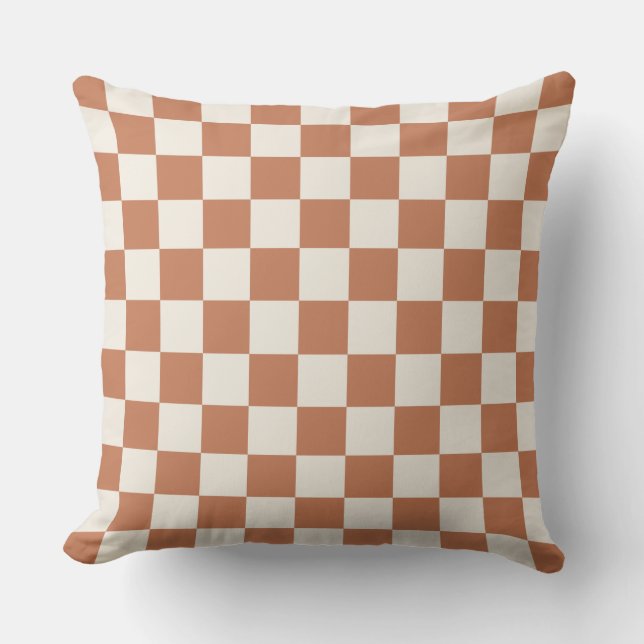Modern Rust Orange & Cream Gingham Cushion (Front)
