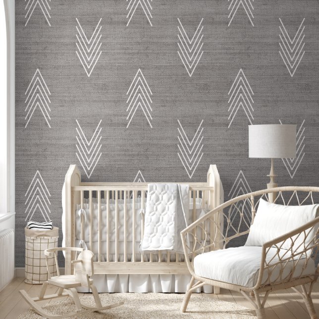 Modern Rustic African Mudcloth Grey Wallpaper (Kids)