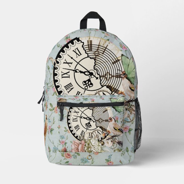 Modern rustic antique clock Blue floral pattern Printed Backpack (Front)