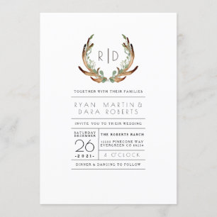 Modern Rustic Antler Watercolor   Wedding Invite