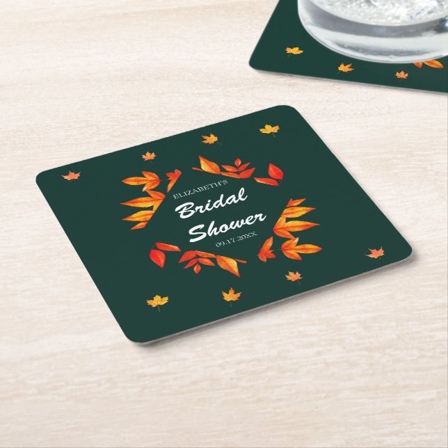 Modern Rustic Autumn Leaves Bridal Shower Square Paper Coaster (Angled)