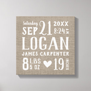Modern Rustic Baby Birth Stats Nursery Art Canvas Print