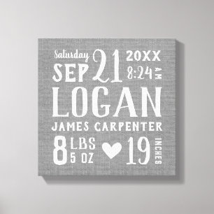 Modern Rustic Baby Birth Stats Nursery Art Canvas Print