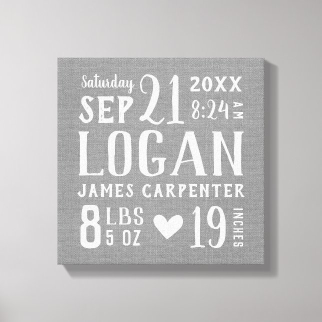 Modern Rustic Baby Birth Stats Nursery Art Canvas Print (Front)