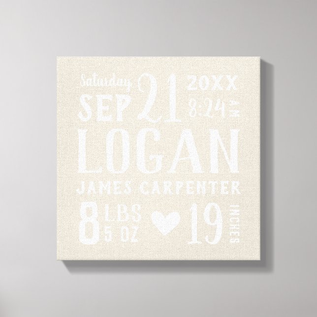 Modern Rustic Baby Birth Stats Nursery Art Canvas Print (Front)