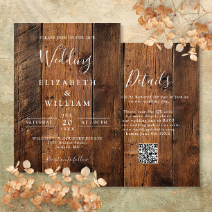 Modern Rustic Barn Wood Wedding QR Code Invitation