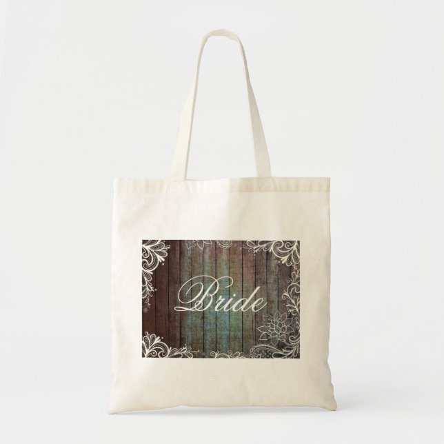 modern rustic barnwood lace bride tote bag (Front)