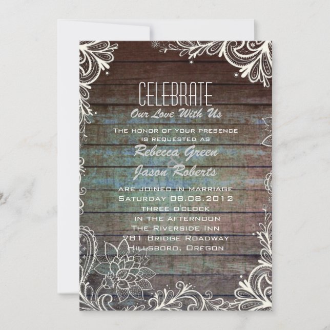 modern rustic barnwood lace wedding invitation (Front)
