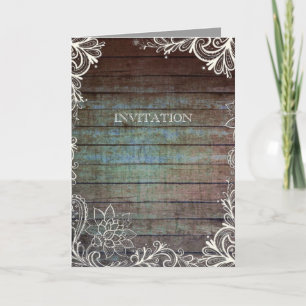 modern rustic barnwood lace wedding invitation