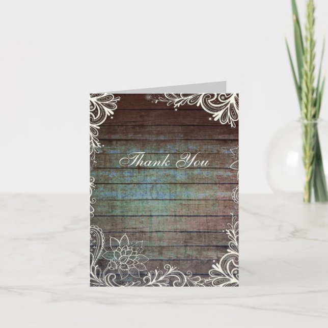 modern rustic barnwood lace wedding thank you card (Front)