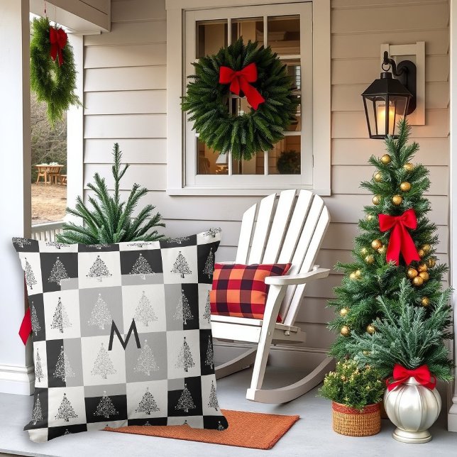 Modern rustic black and white pine trees monogram cushion (Modern rustic pine trees black and white monogrammed Christmas outdoor pillow.)
