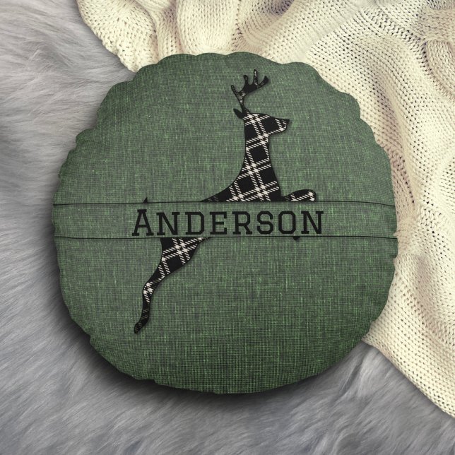 Modern Rustic Black And White Plaid Deer Round Cushion (Creator Uploaded)