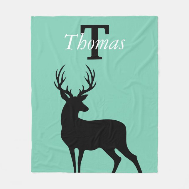 Modern Rustic Black Deer & Teal Fleece Blanket (Front)