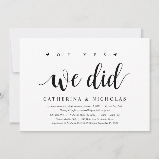 Modern Rustic, Black Script, Wedding Elopement Invitation (Front)